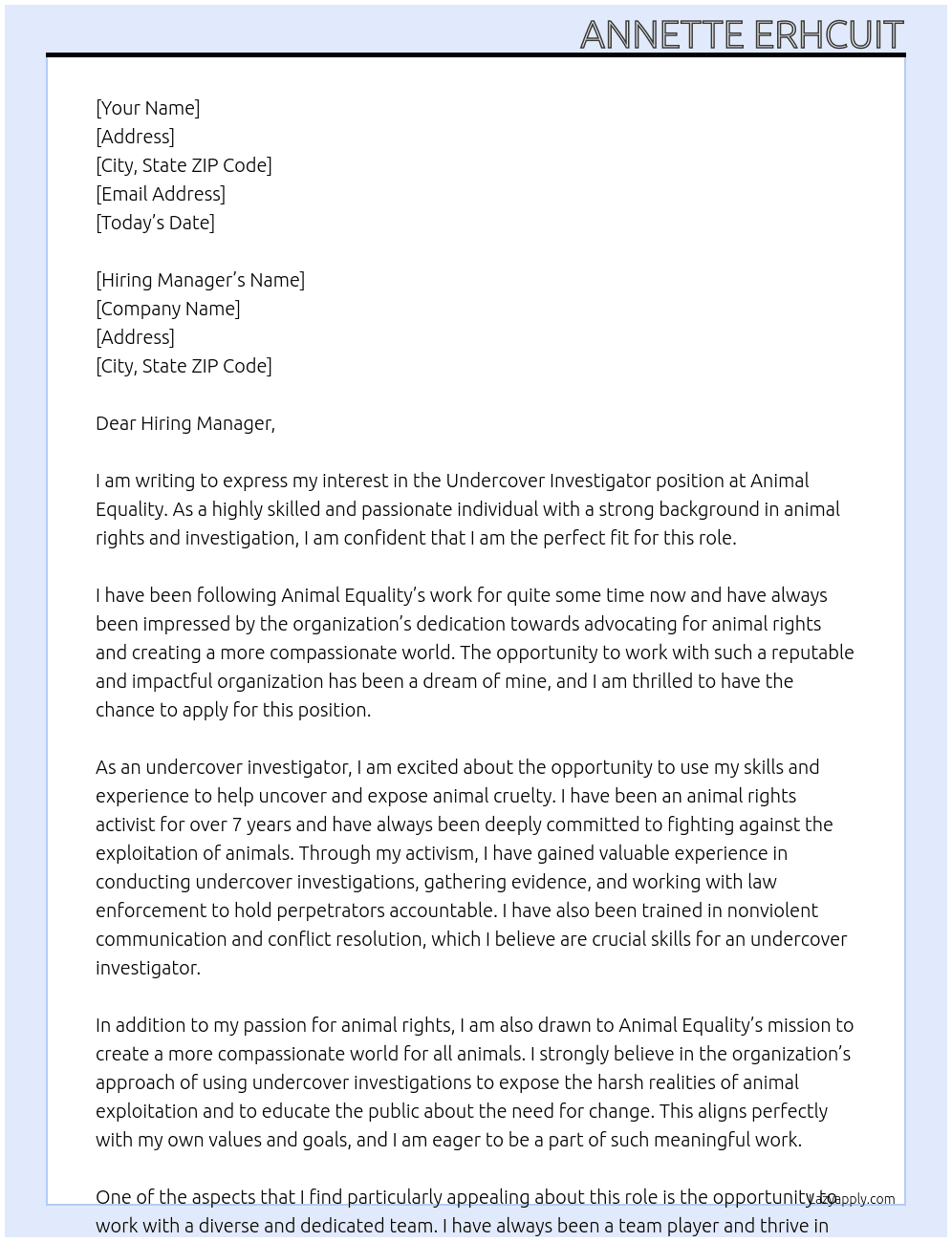 Undercover Investigator At Animal Equality Cover Letter