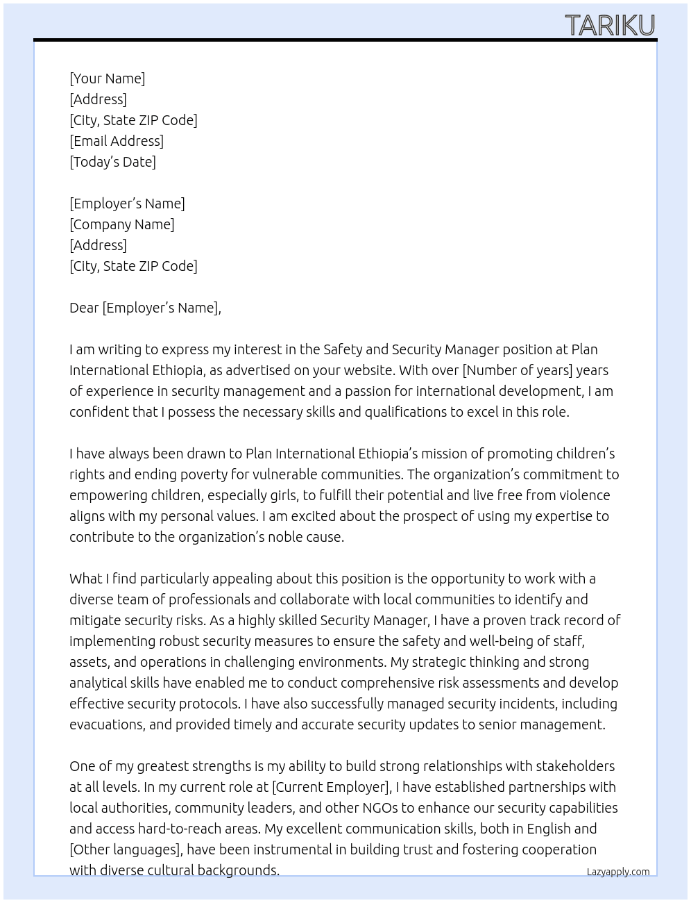 Safety and Security Manager At Plan International Ethiopia Cover Letter