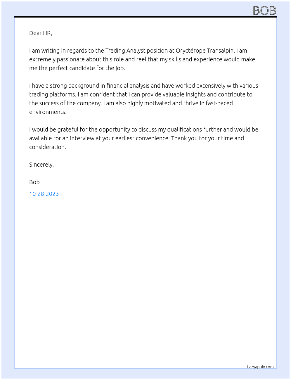 Trading Analyst At Oryctérope Transalpin Cover Letter