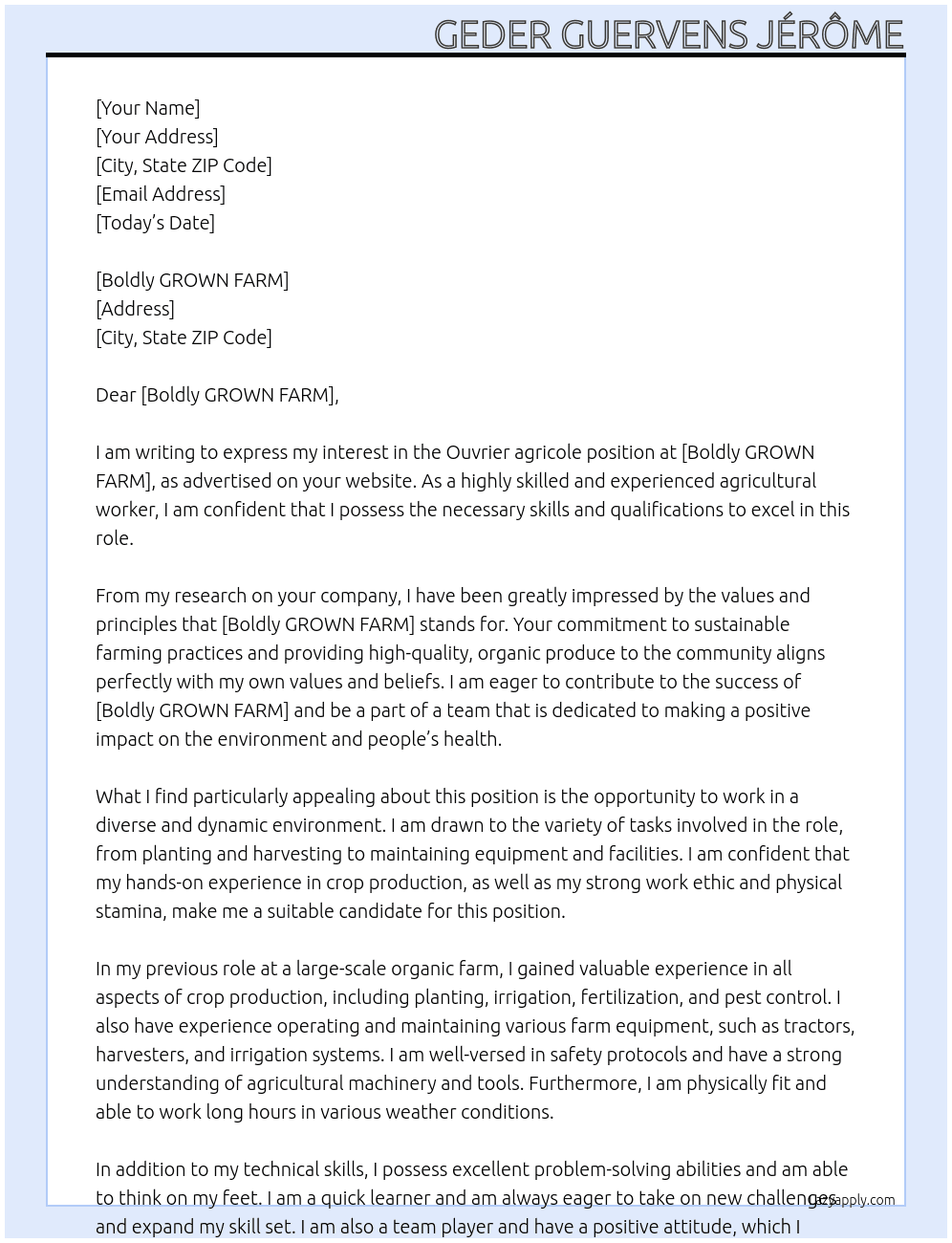 Ouvrier agricole  At Oui Cover Letter