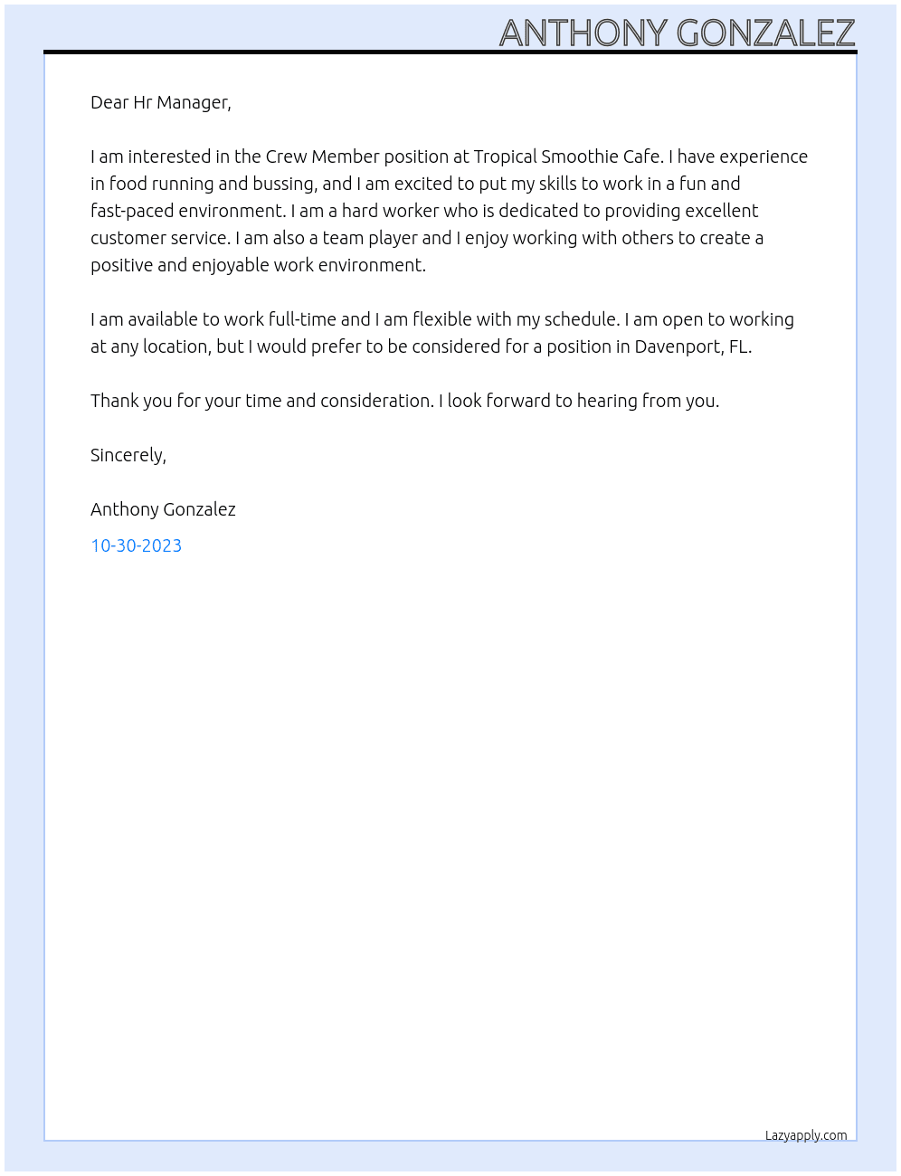 Crew Member At Tropical Smoothie Cafe Cover Letter