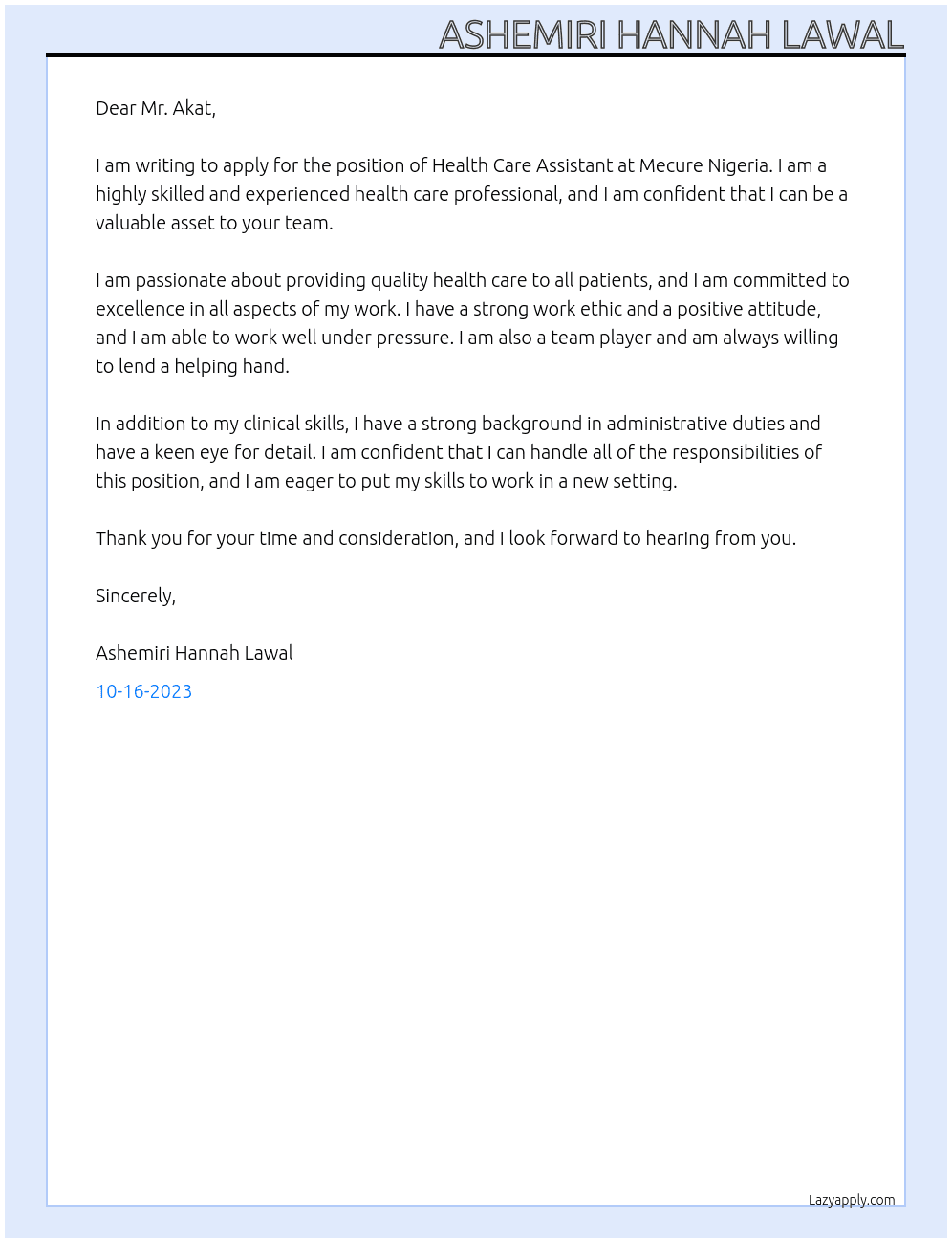 Health Care Assistant At Mecure Nigerua Cover Letter