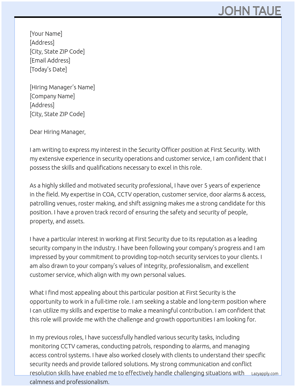 Security Officer At First Security Cover Letter