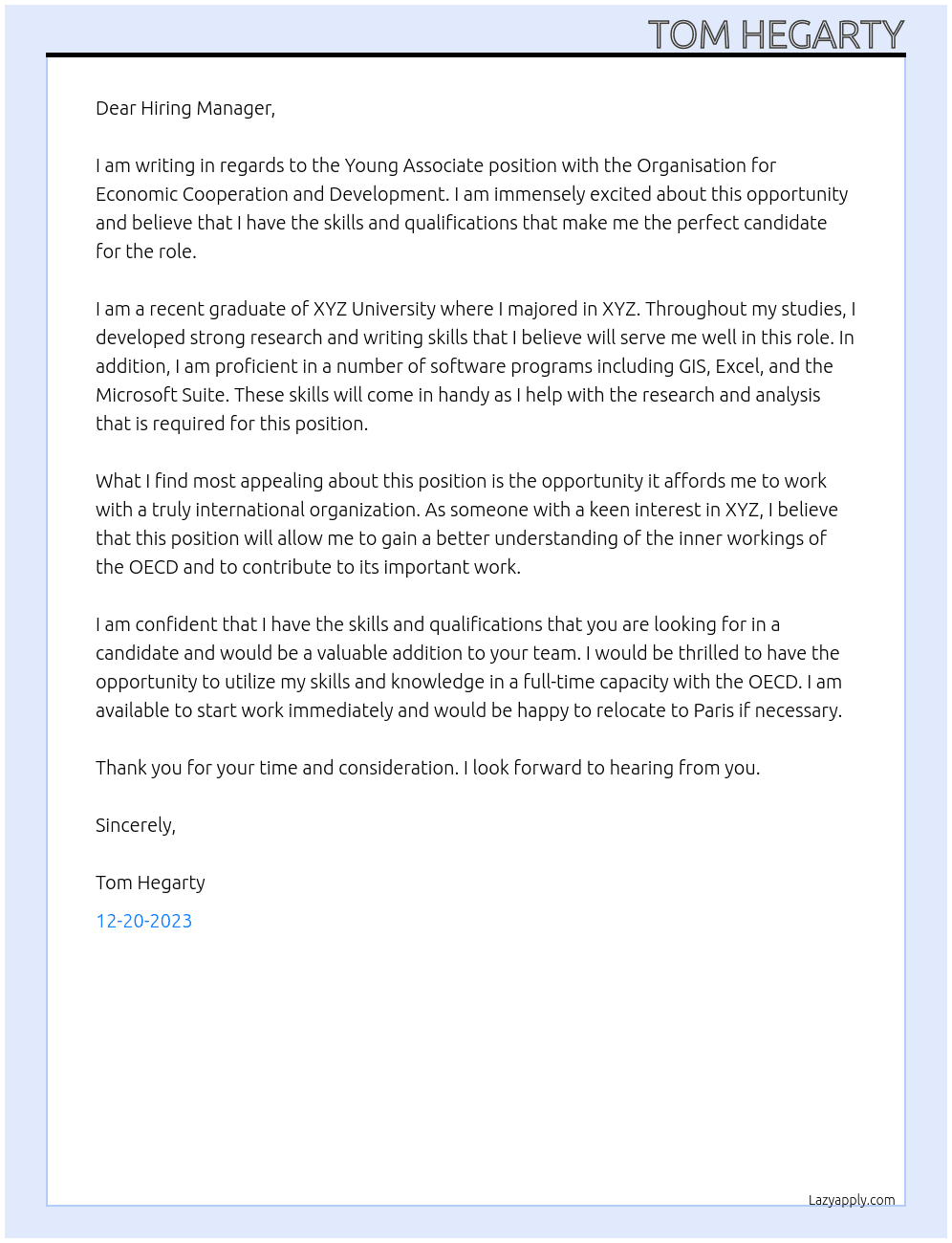 Young Associate At Organisation for Economic Cooperation and Development Cover Letter