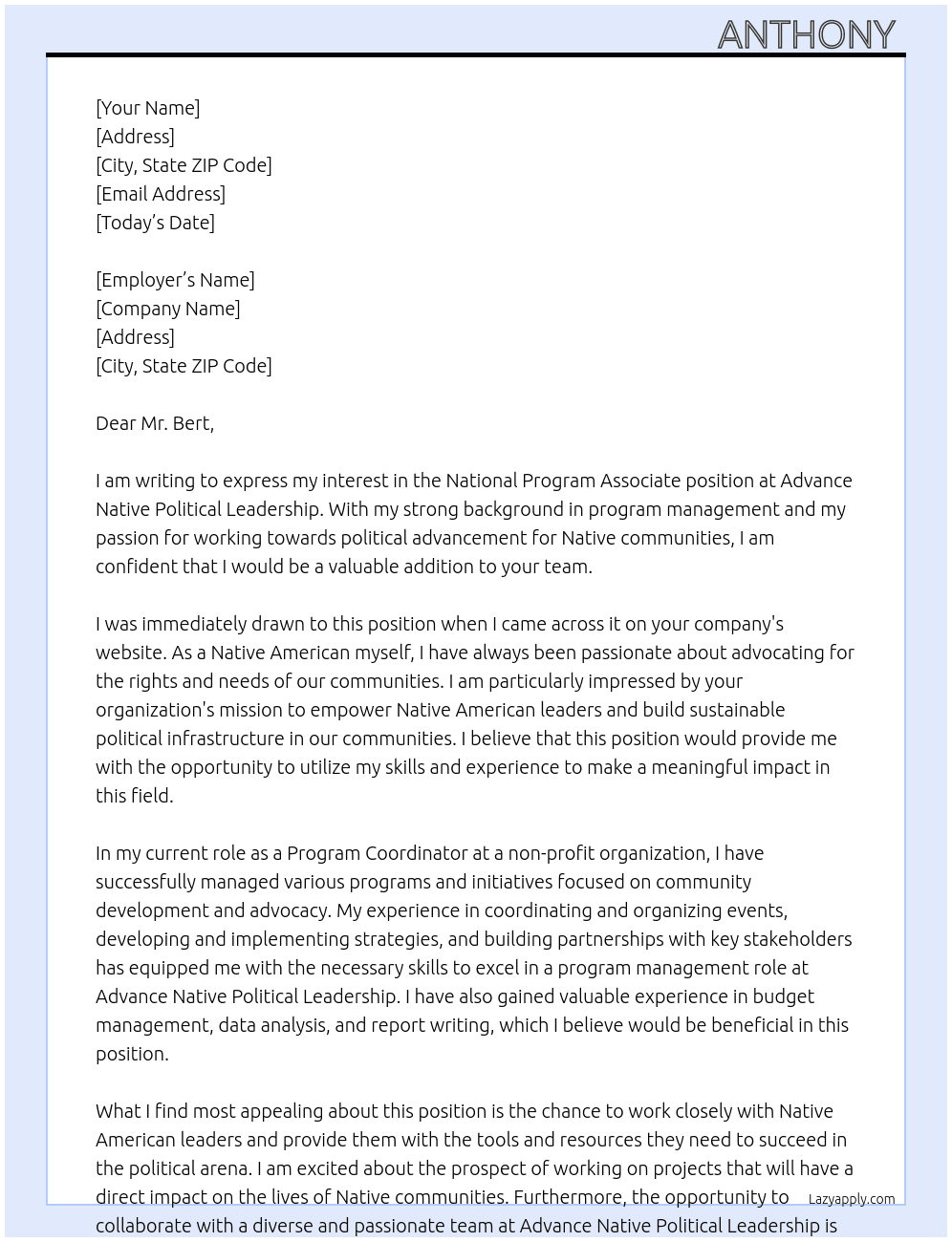 National Program Associate  At Advance Native Political Leadership Cover Letter