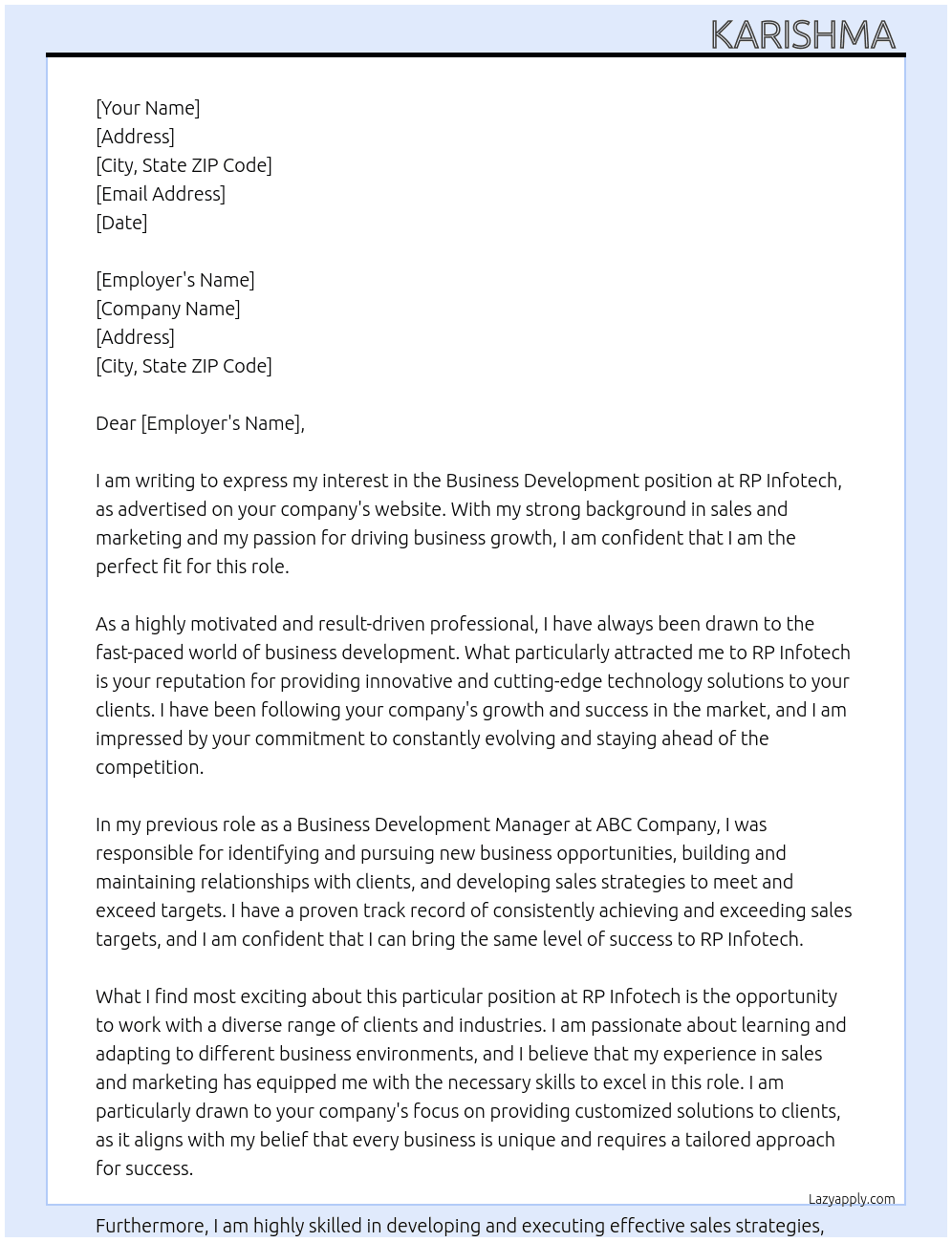 Business development  At RP Infotech  Cover Letter