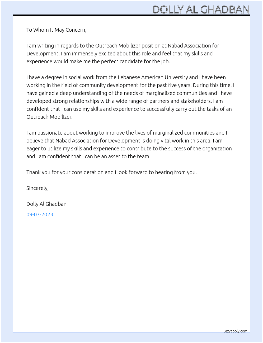 Outreach Mobilizer At Nabad Association for development Cover Letter