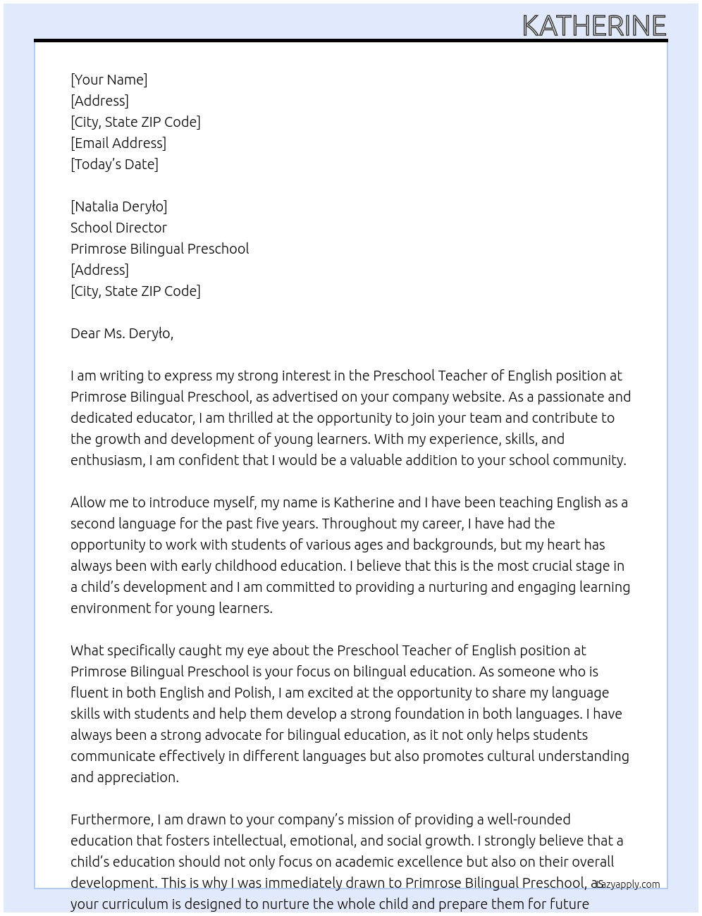 Preschool Teacher of English At Primrose Bilingual Preschool Cover Letter