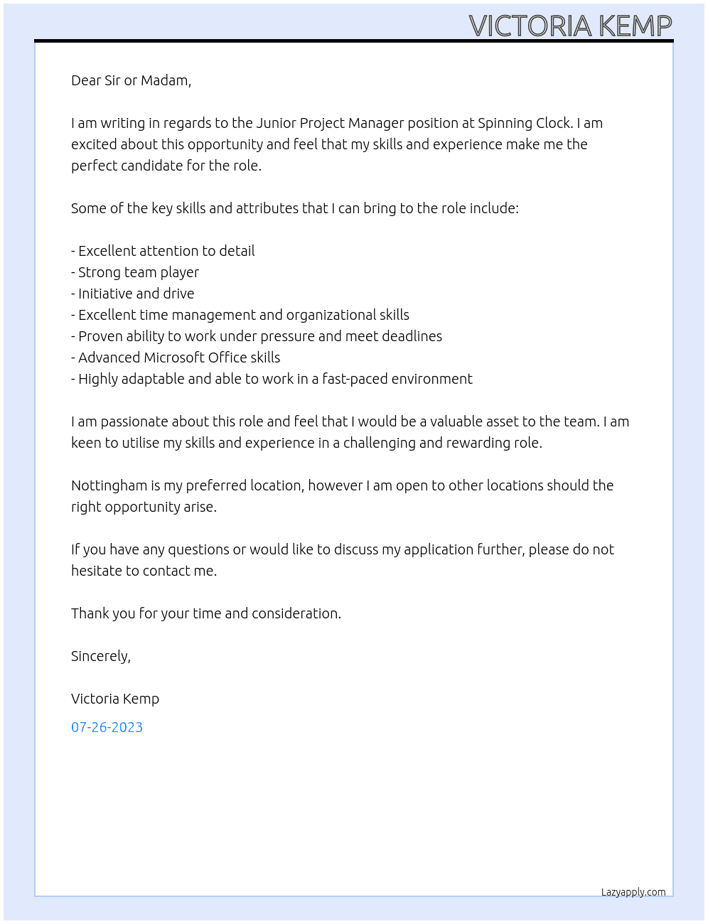 Junior Project Manager At Spinning Clock Cover Letter