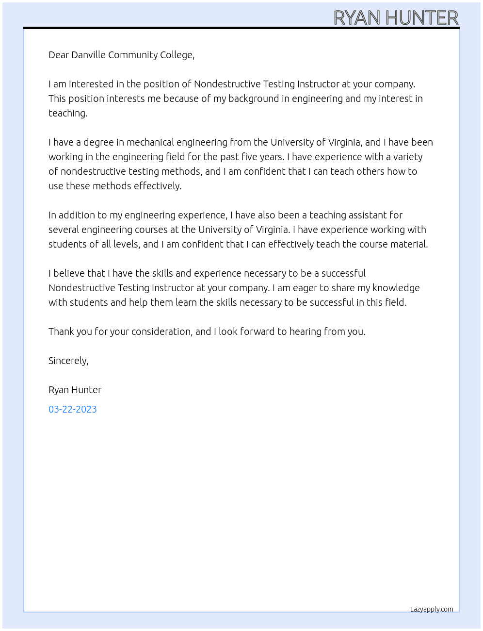 Nondestructive Testing Instructor At Danville Community College Cover Letter
