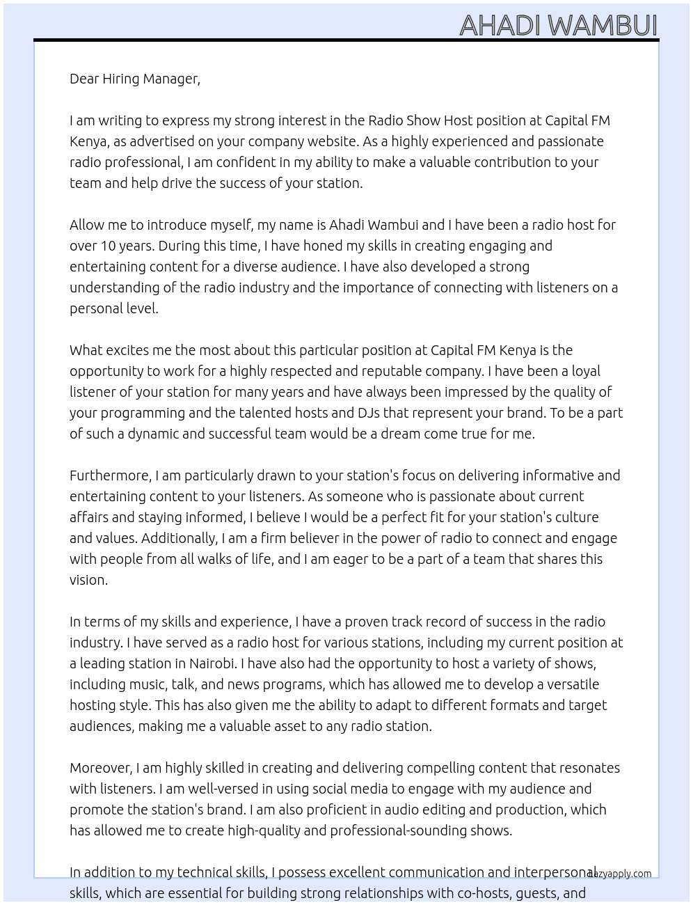 radio show host At Capital FM Kenya Cover Letter
