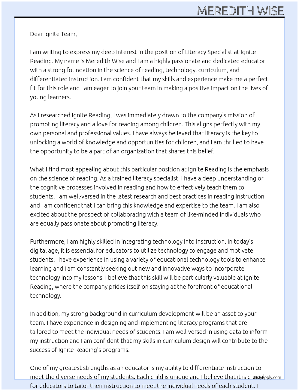 Literacy Specialist At Ignite Reading Cover Letter