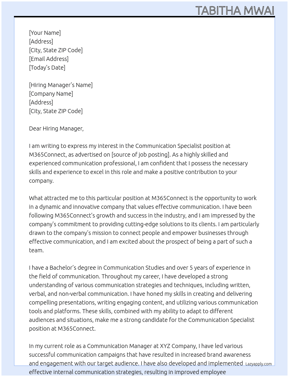 Communication Specialist At M365Connect Cover Letter