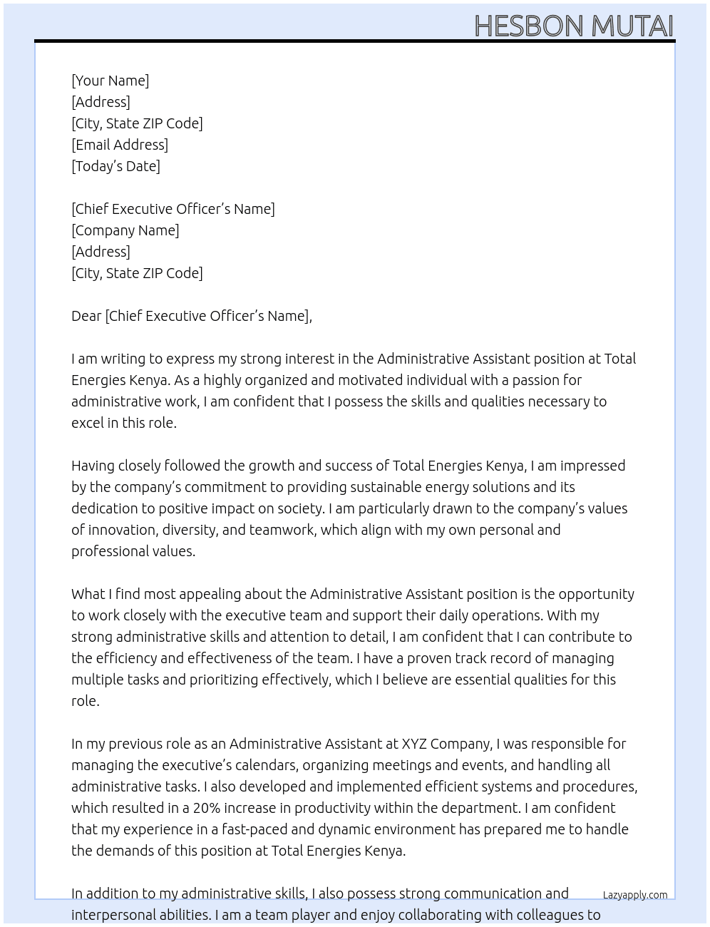 admnistrative assistant At Total energies kenya Cover Letter