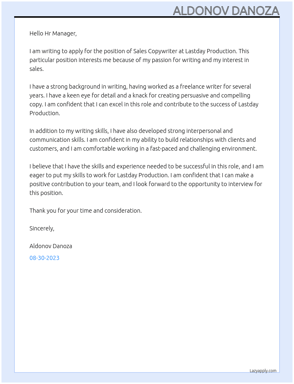 SALES COPYWRITER At Lastday Production Cover Letter
