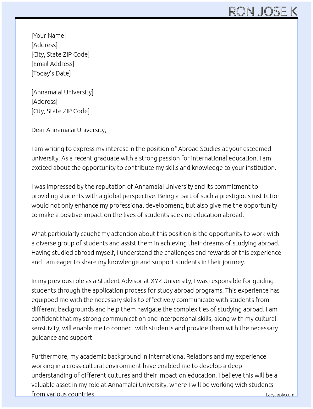 Abroad studies At Abroad studies  Cover Letter