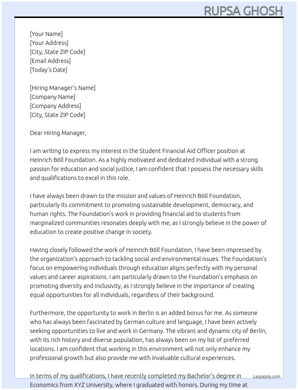 Student Financial Aid Officer At Heinrich Böll Foundation Cover Letter