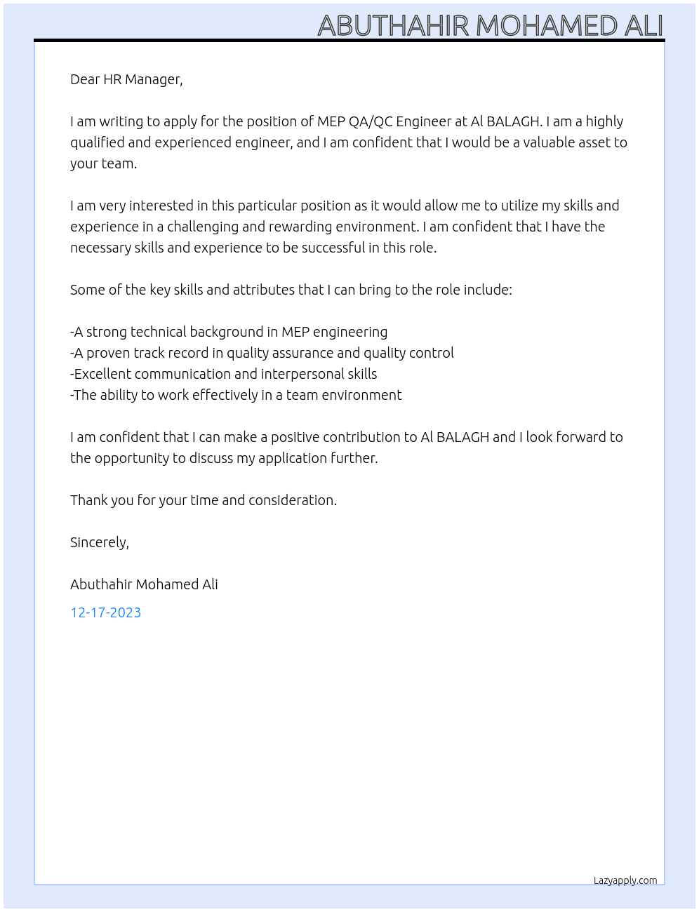 MEP QA/QC Engineer At Al BALAGH Cover Letter