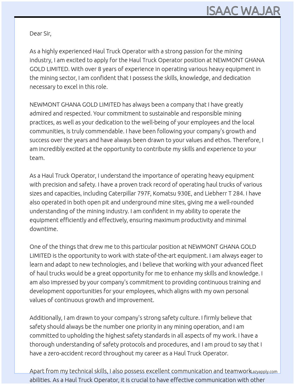HAUL TRUCK OPERATOR At NEWMONT GHANA GOLD LIMITED  Cover Letter