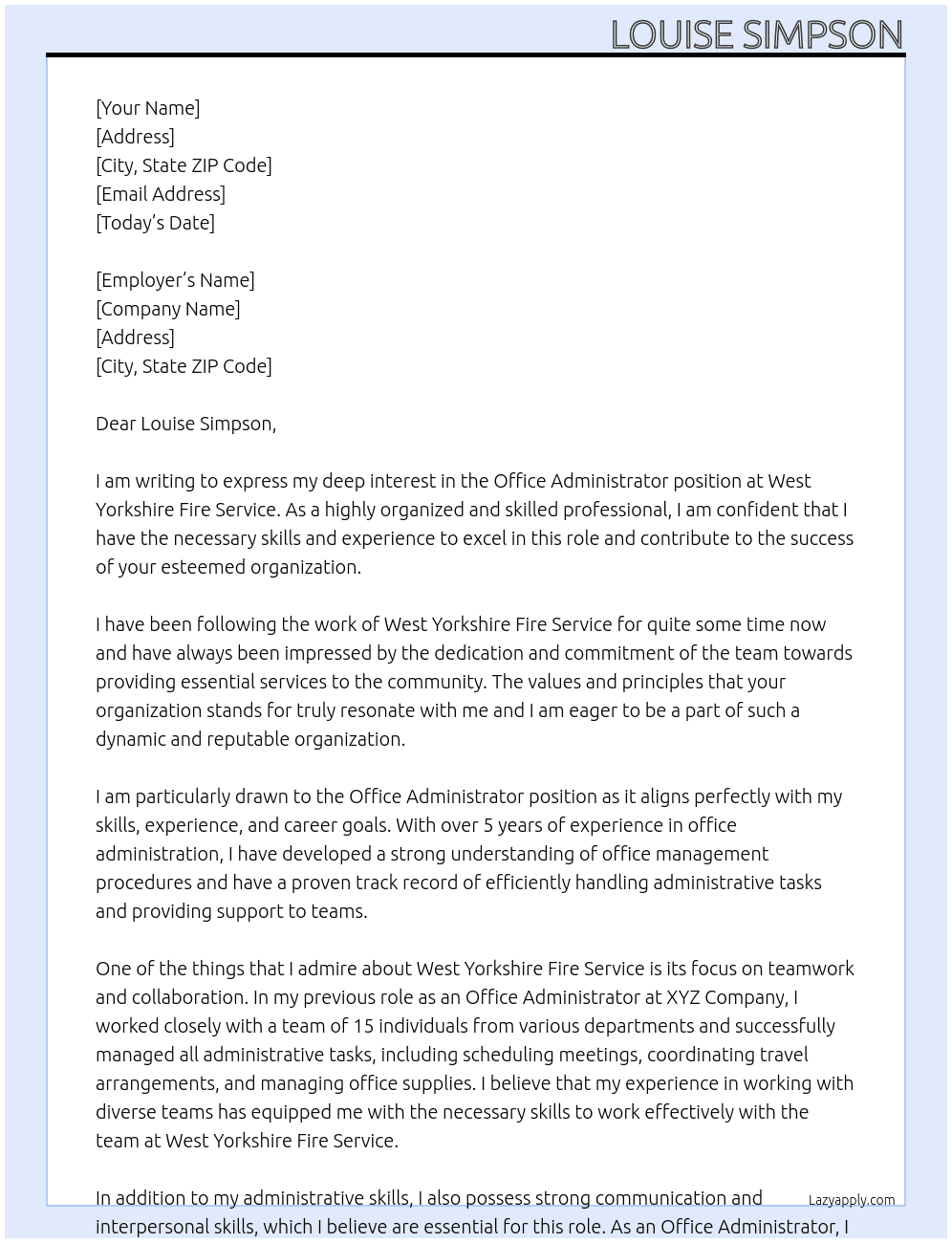Office Administrator At West Yorkshire Fire service Cover Letter