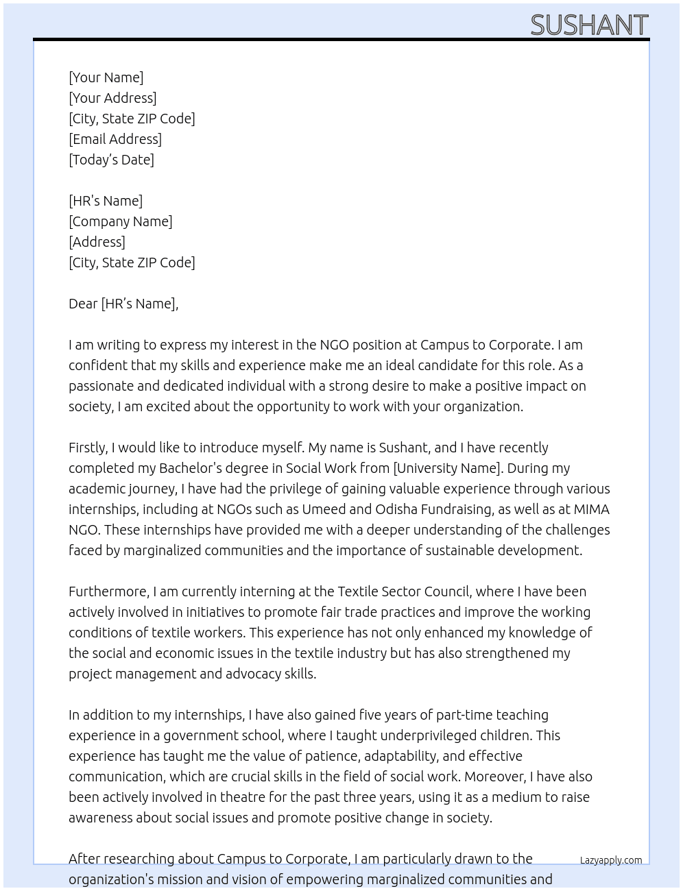 NGO  At campus to corporate Cover Letter