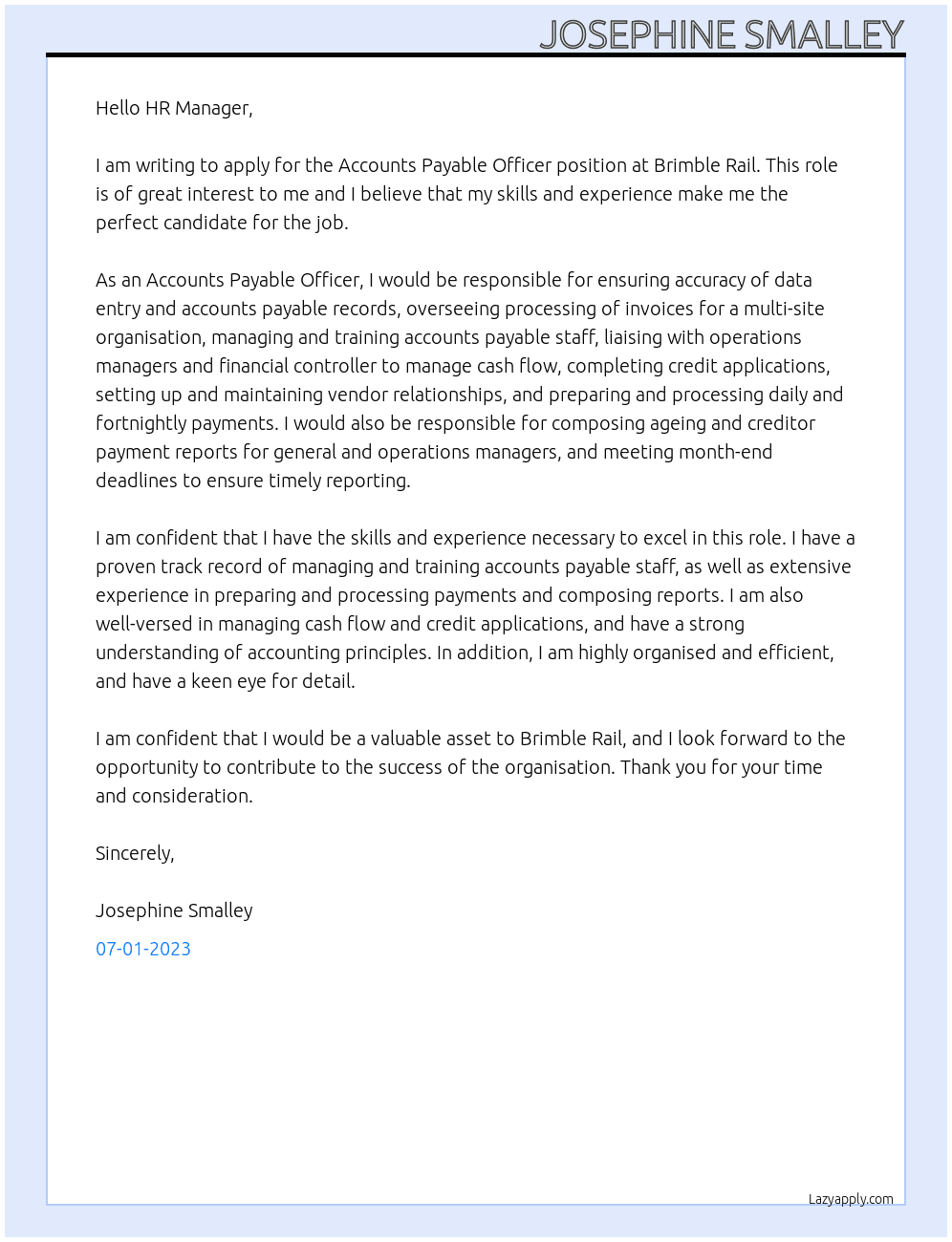 Accounts Payable Officer At Brimble Rail Cover Letter