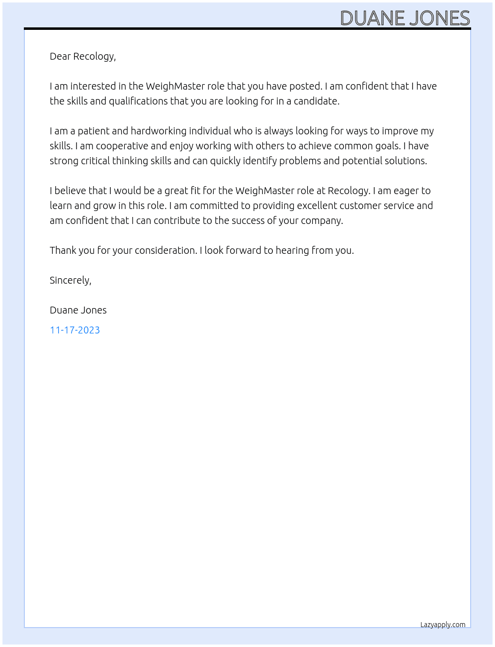 WeighMaster  At Recology  Cover Letter