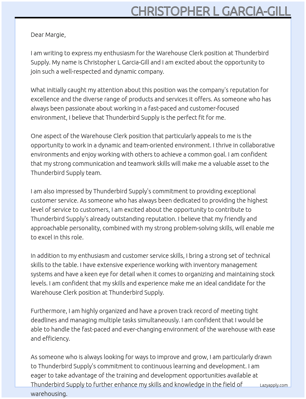 Warehouse Clerk At Thunderbird Supply Cover Letter