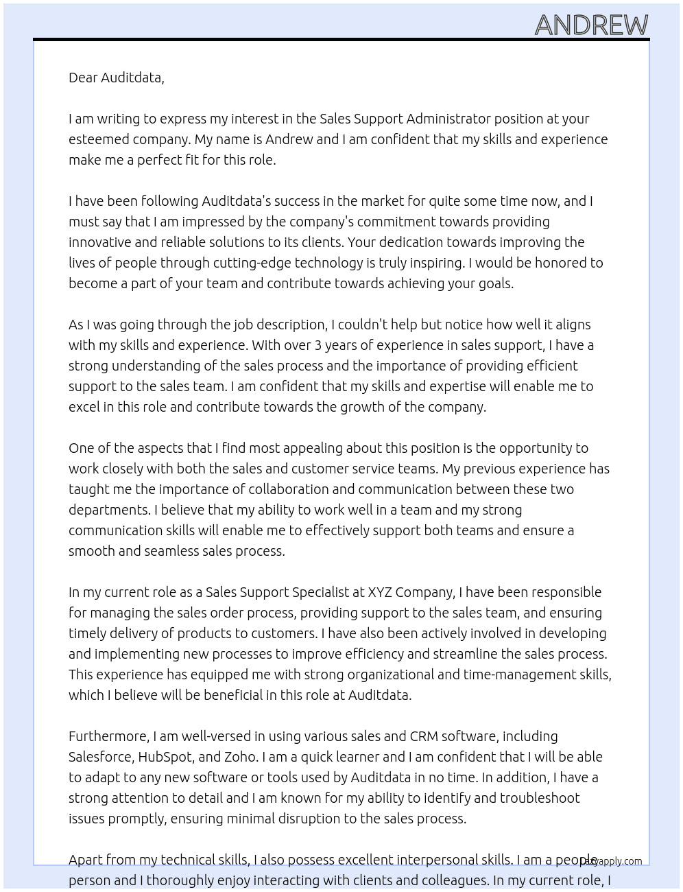 Sales Support Administrator At Auditdata Cover Letter