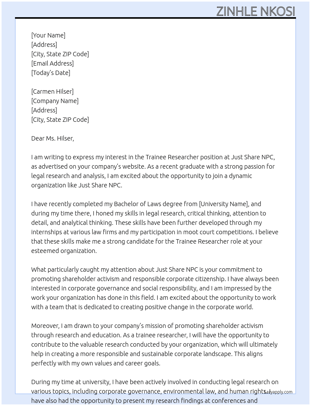 Trainee Researcher At Just Share NPC Cover Letter