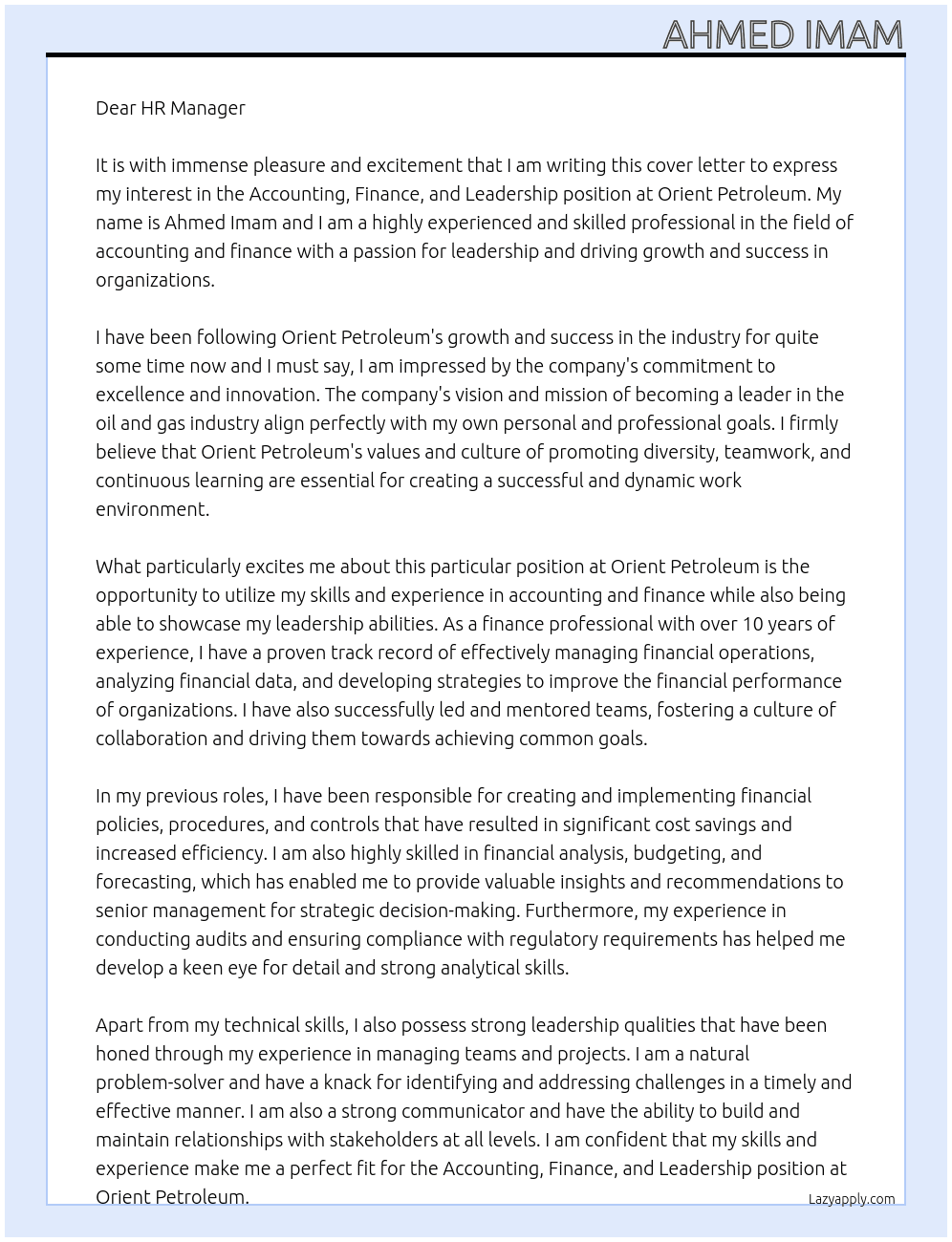 Accounting, Finance and leadership At Orient Pertroleum Cover Letter