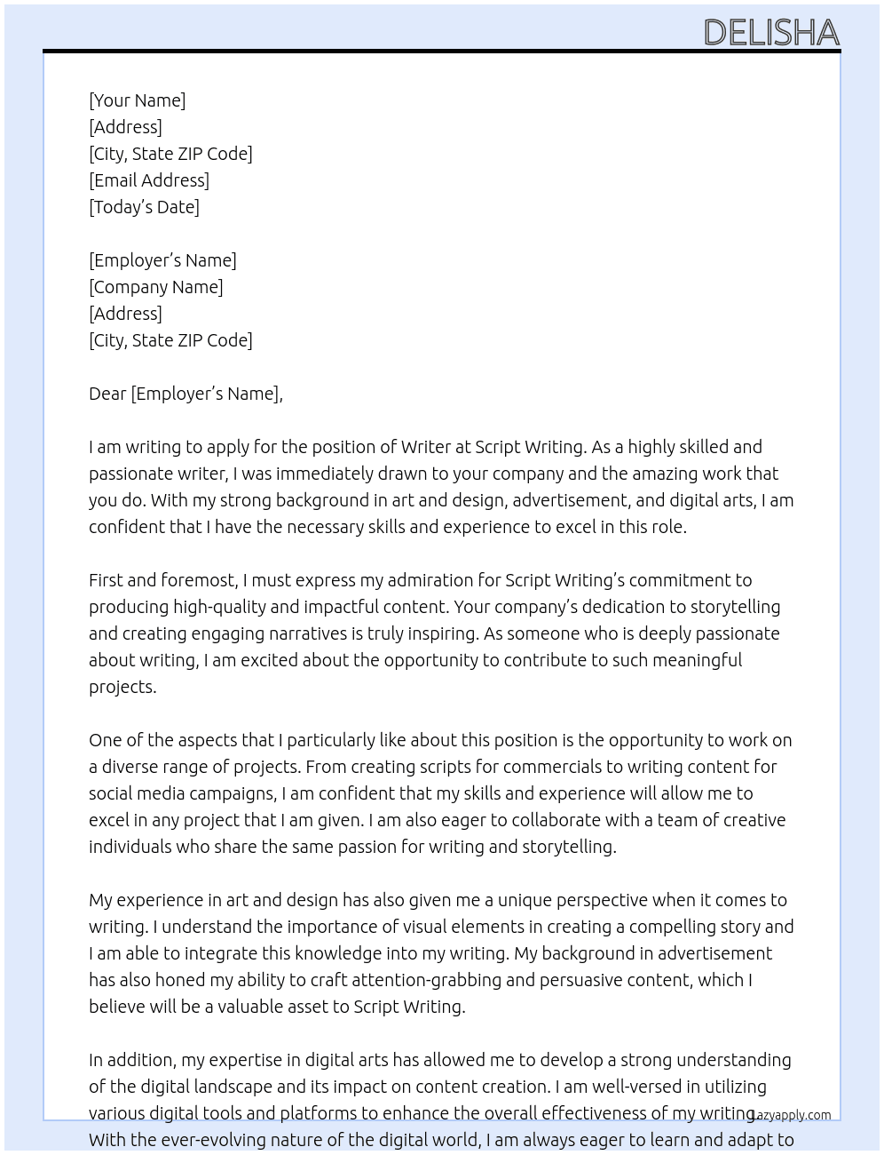 Writer  At Script writing  Cover Letter