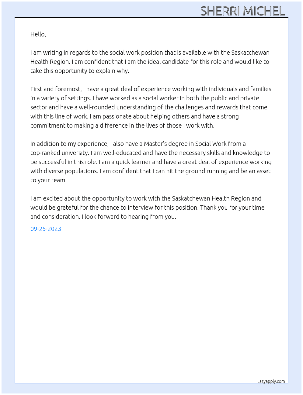 Social Work  At Saskatchewan Health Region  Cover Letter