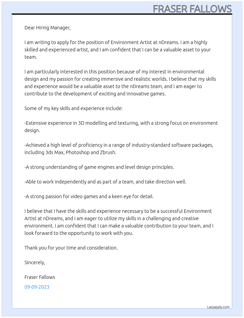 Environment Artist At nDreams Cover Letter