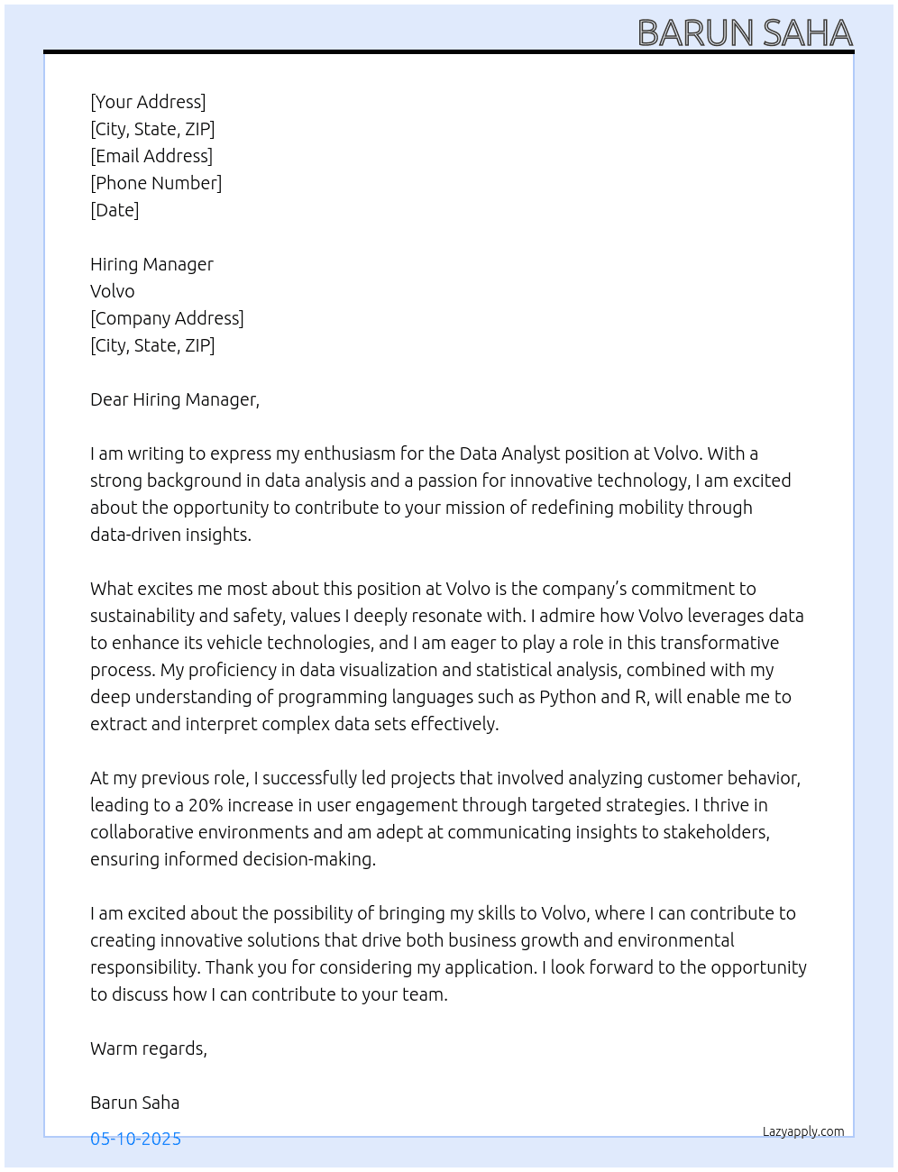 Data Analyst At Volvo Cover Letter