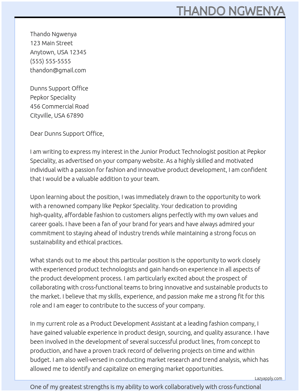 Junior product technologist At Pepkor speciality Cover Letter