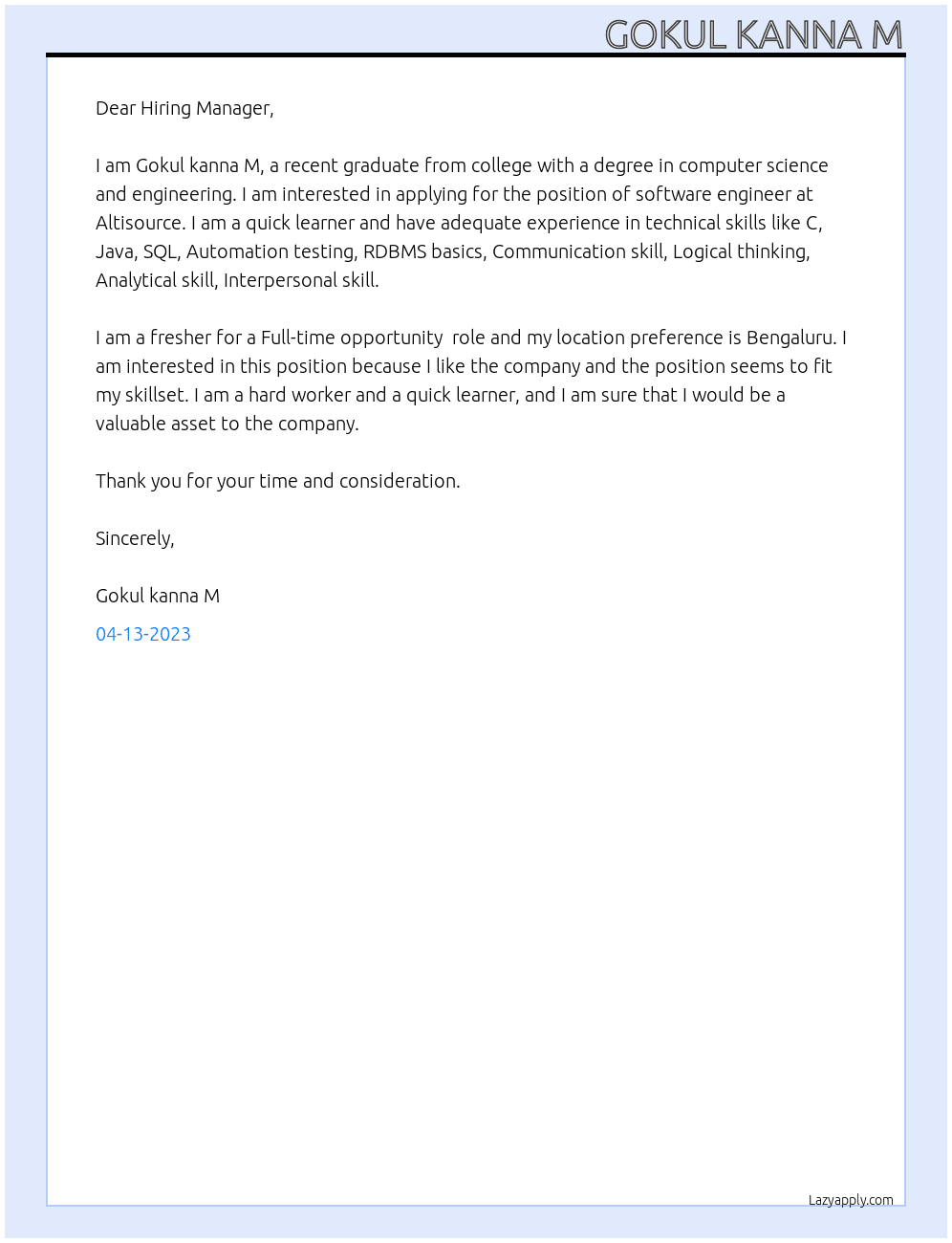 Software engineer as a Fresher with adequate experience in technical  At Altisource Cover Letter