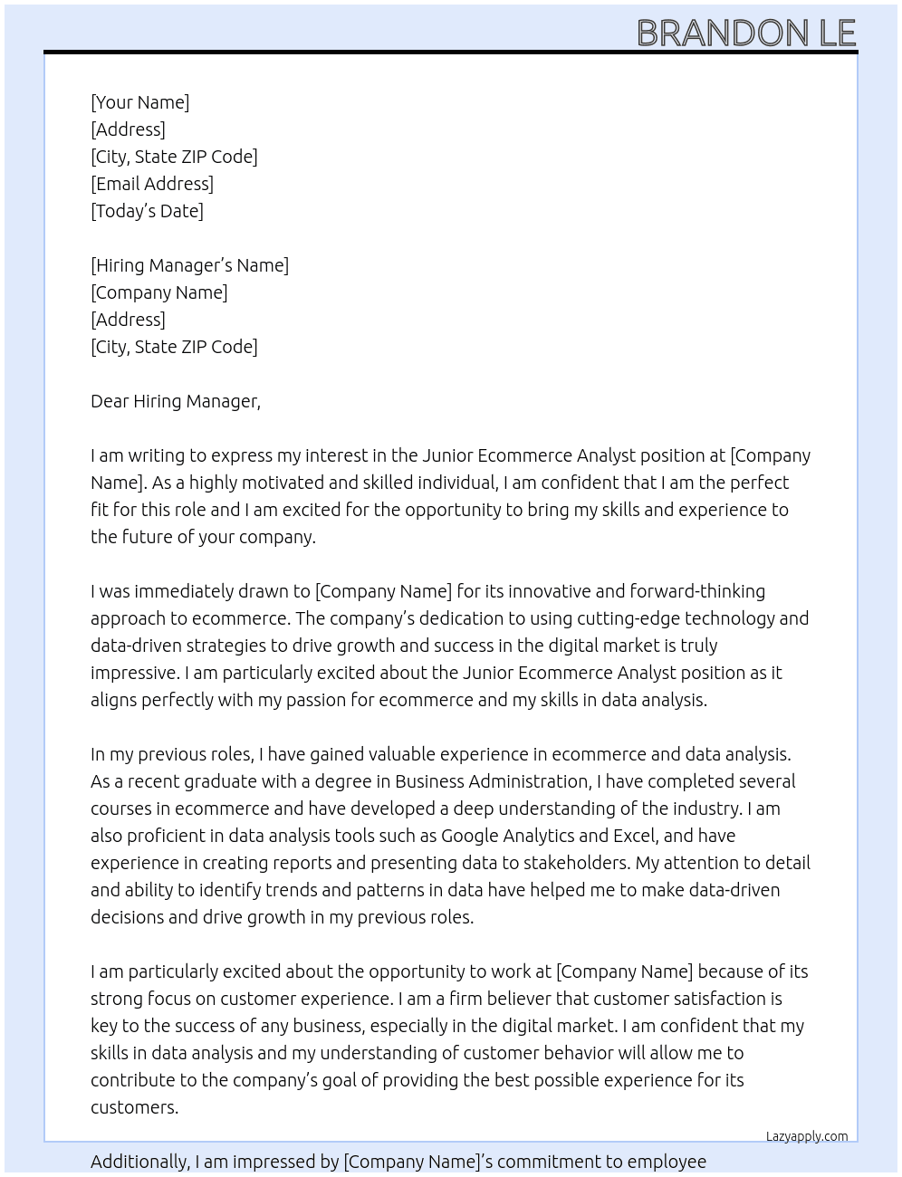 junior ecommerce analyst At future Cover Letter