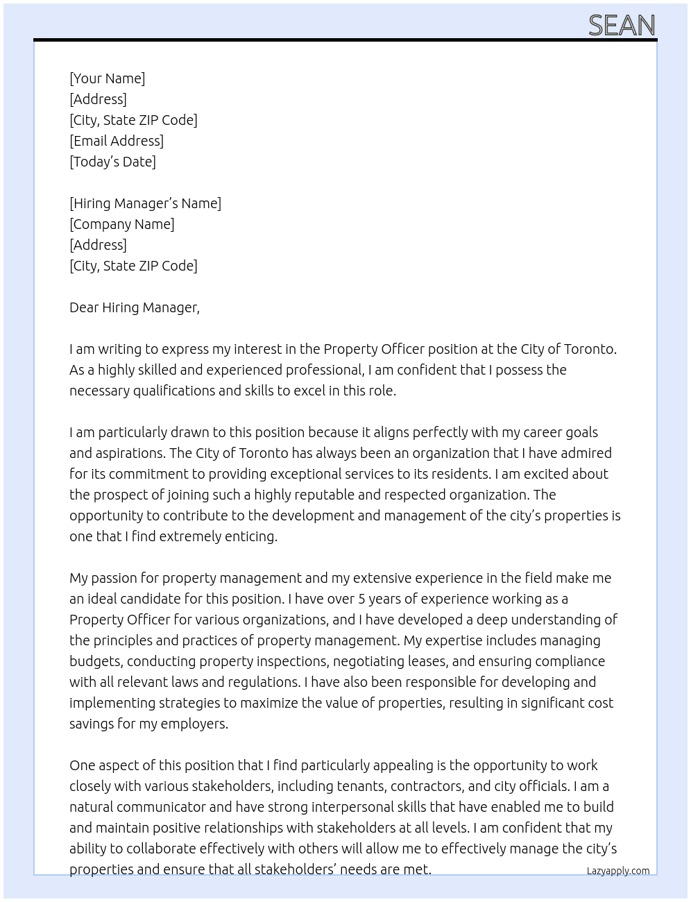 Property Officer At City of Torornto Cover Letter