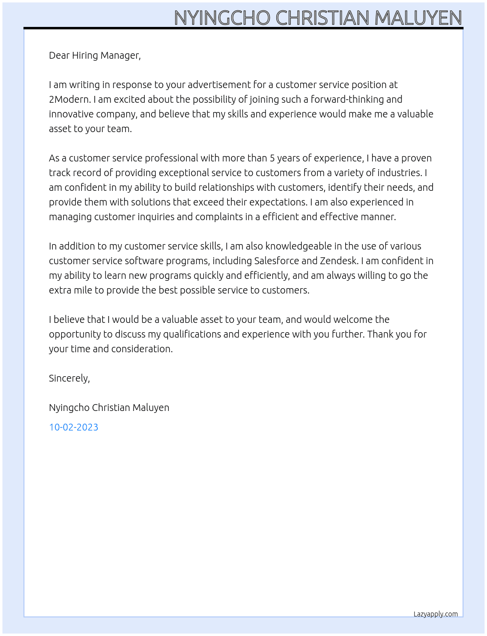 customer service At 2Modern Cover Letter