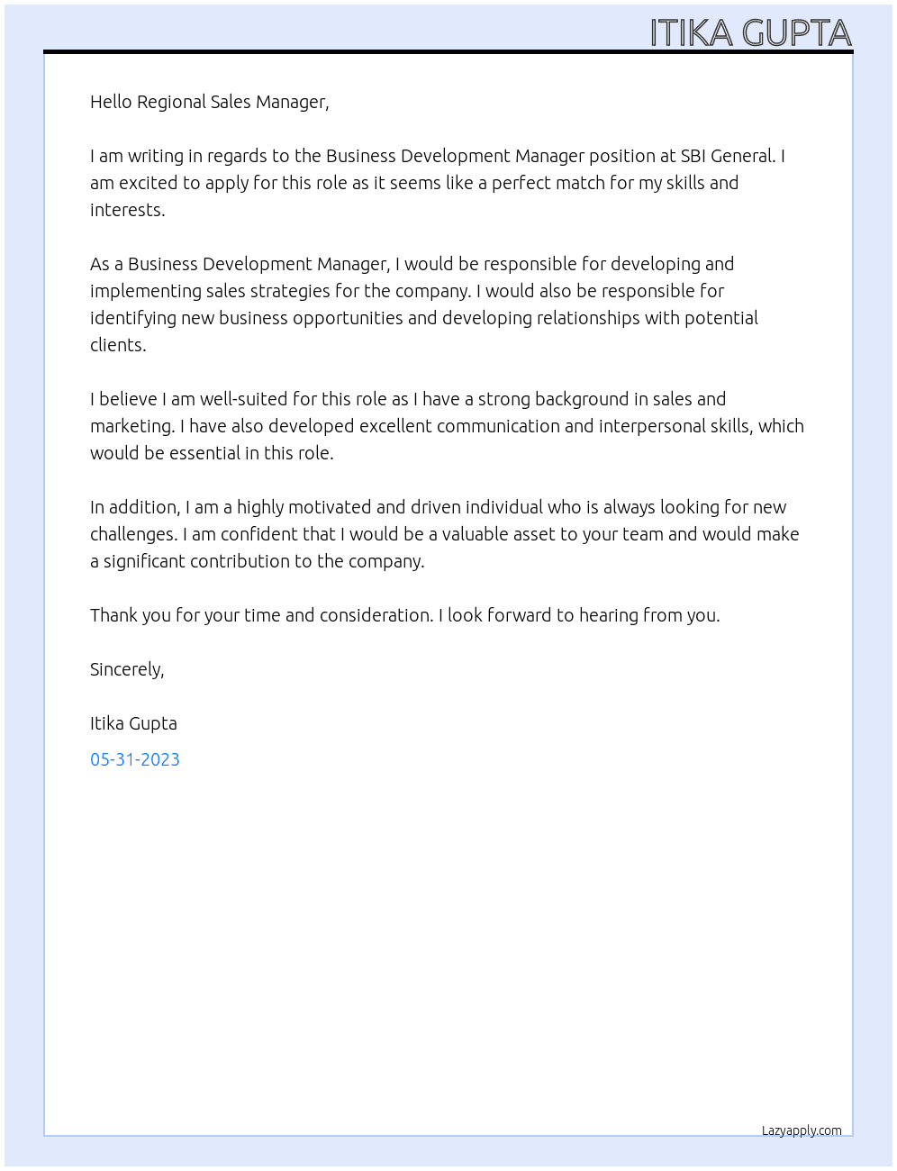 Business Development Manager At SBI General Cover Letter