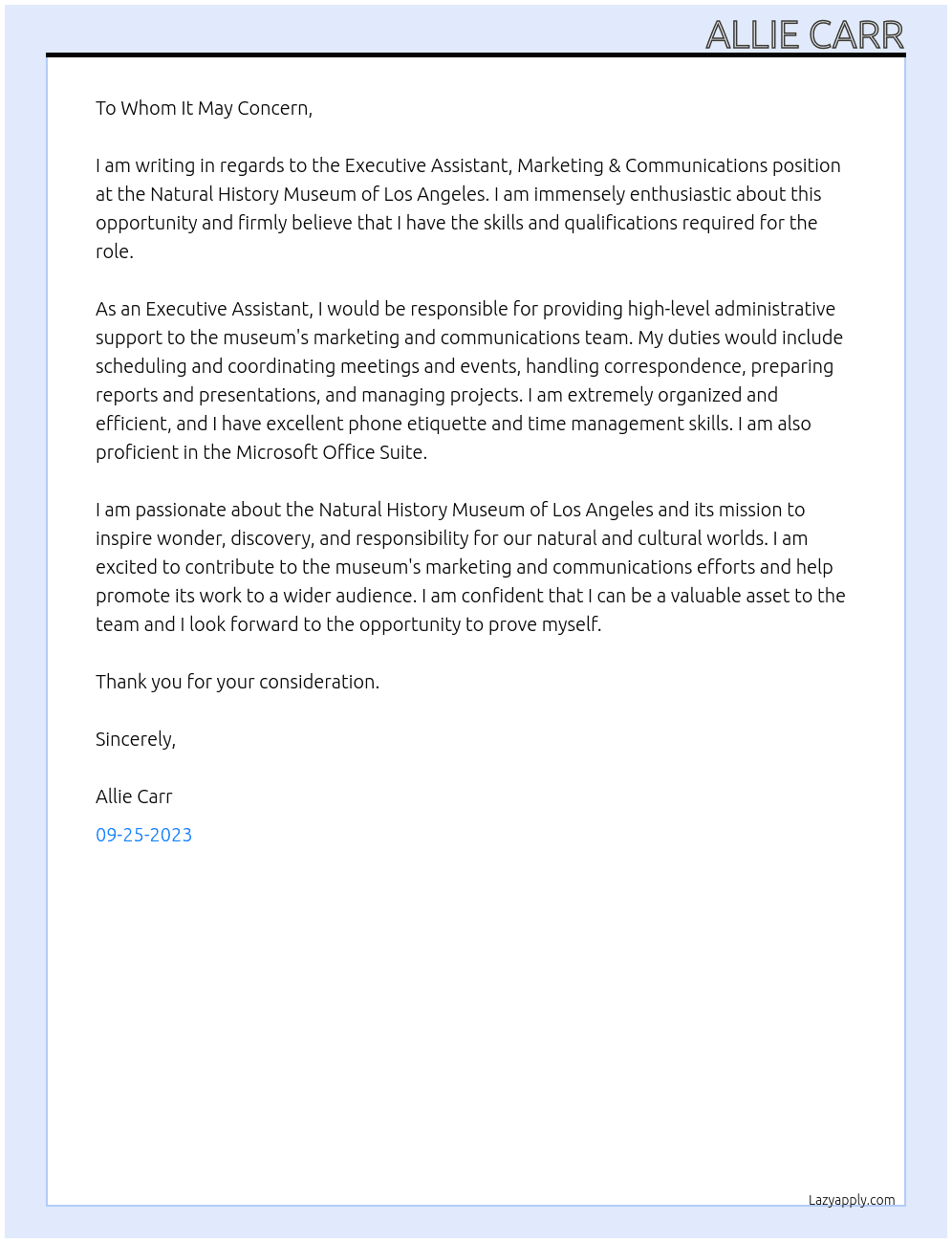 Executive Assistant, Marketing & Communications At Natural History Museum of Los Angeles Cover Letter