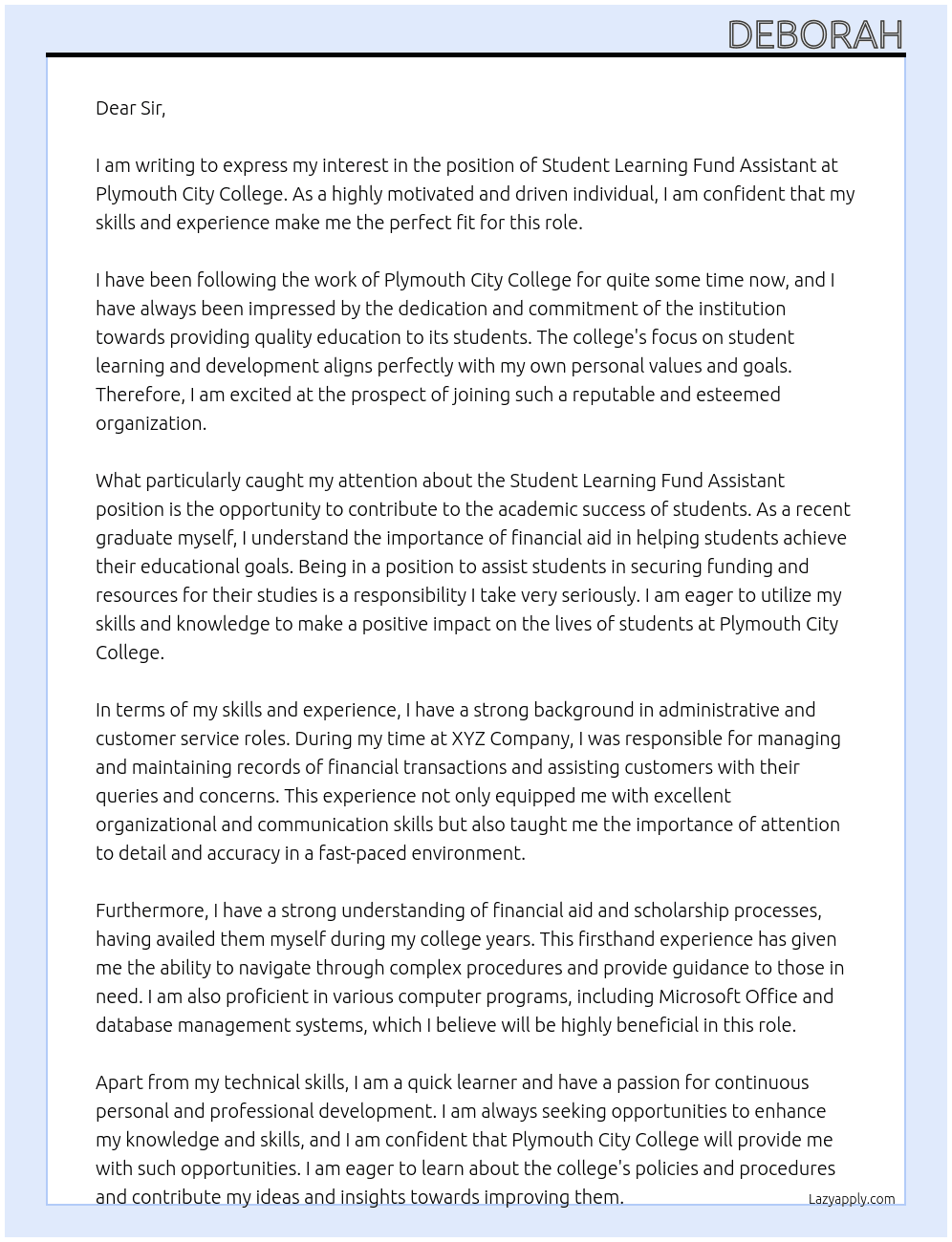 Student Learning Fund Assistant At Plymouth City College Cover Letter
