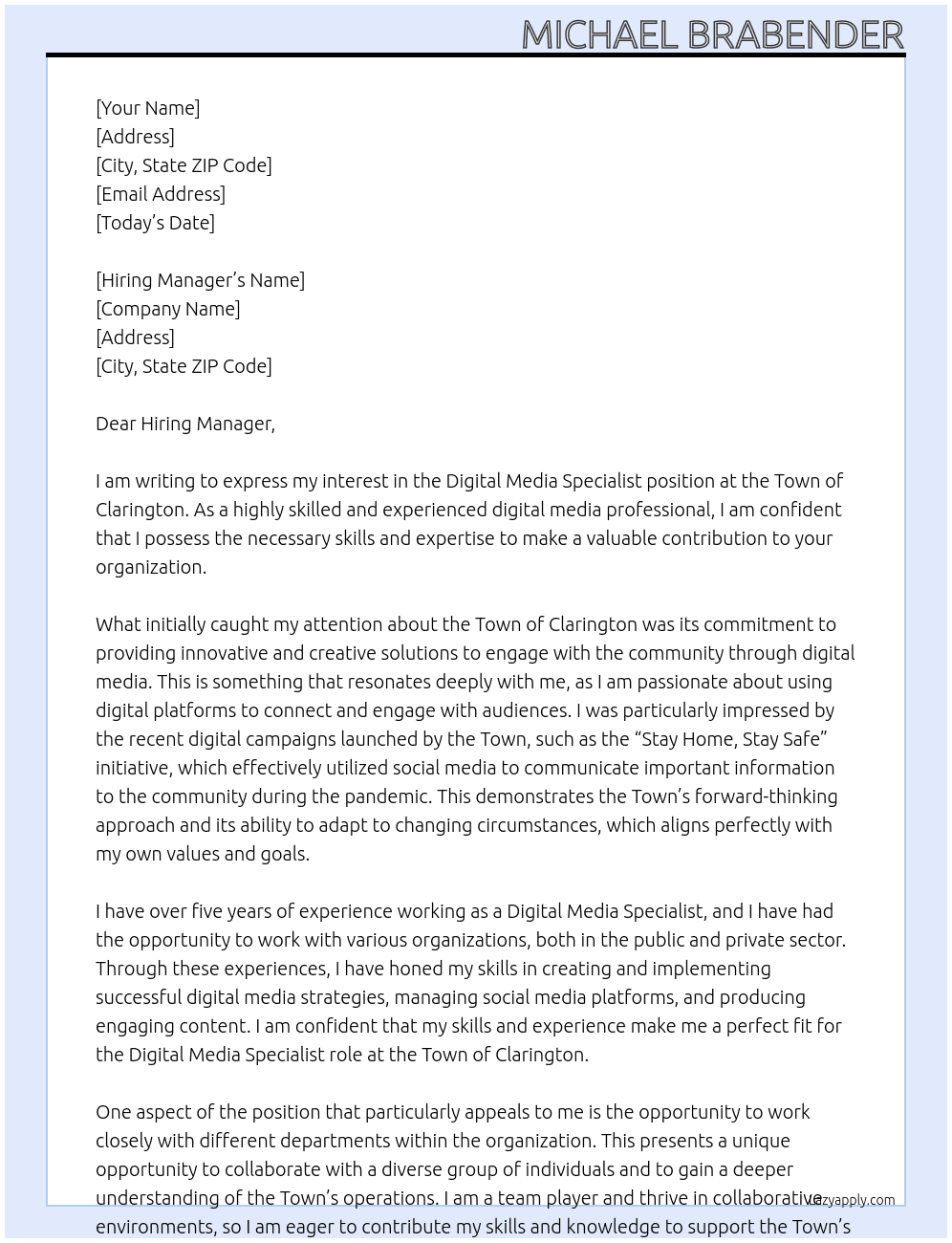 Digital Media Specialist At Town of Clarington Cover Letter