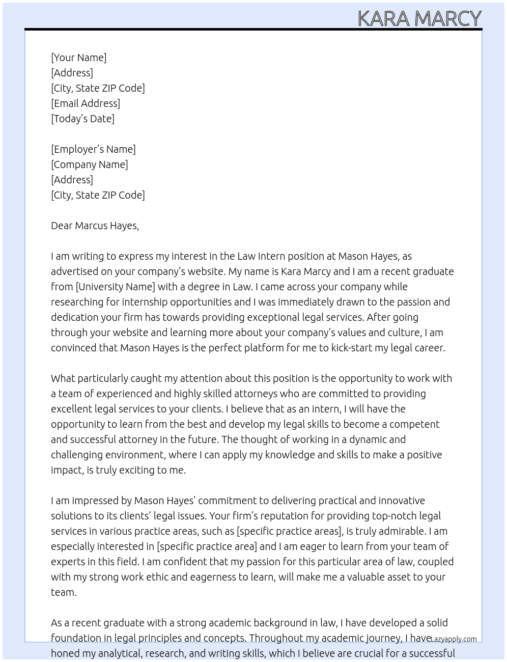 Law Intern At Mason Hayes Cover Letter