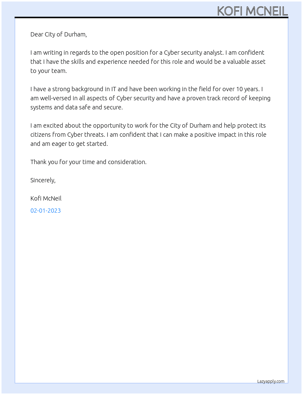 Cyber security analyst At City of Durham  Cover Letter
