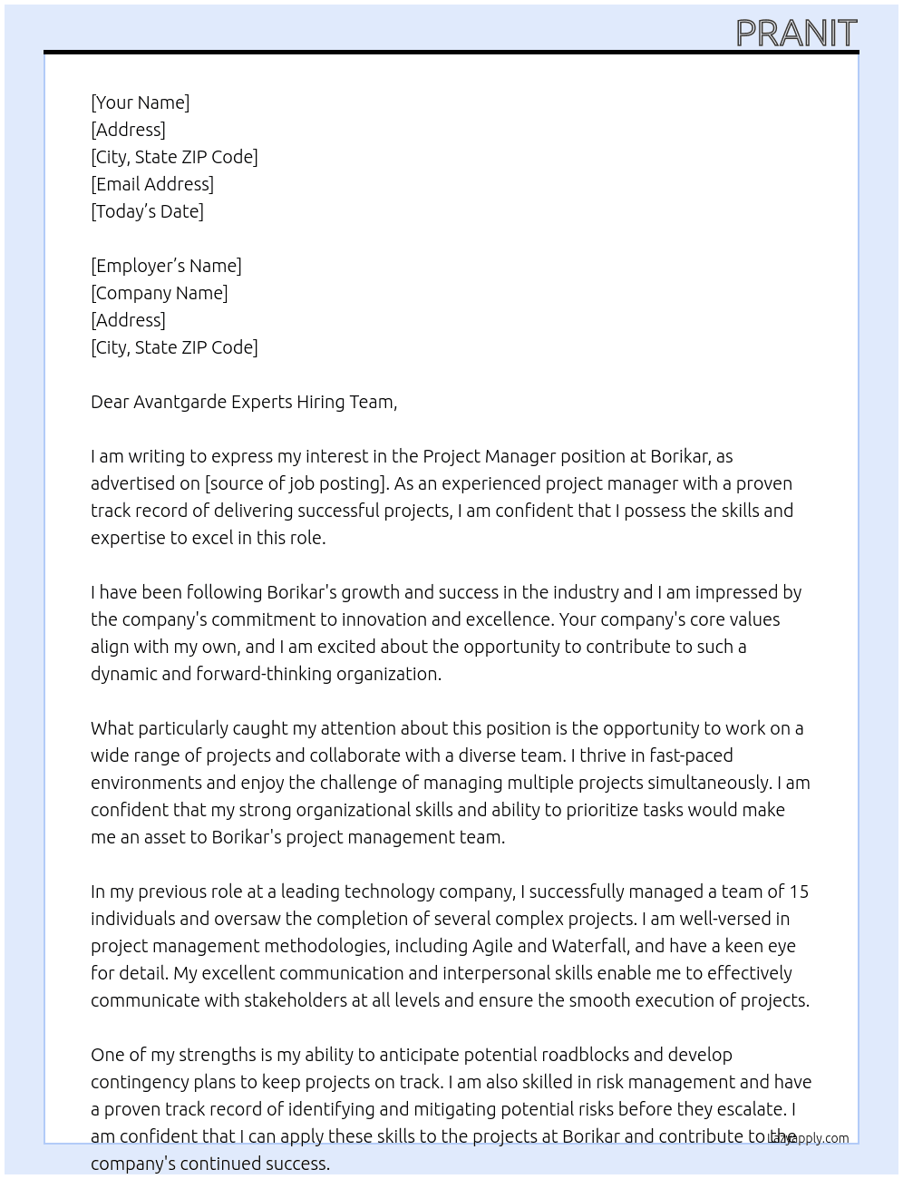 Project Manager At Borikar Cover Letter