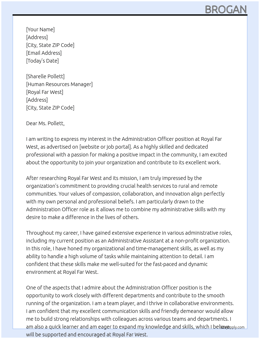 Administration Officer At Royal Far West Cover Letter
