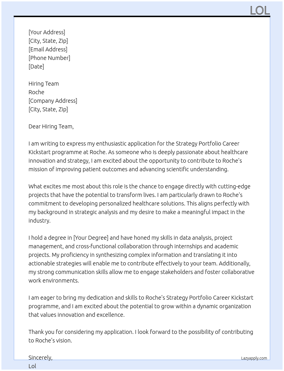 Cover letter for strategy portfolio career kickstart programme - LazyApply