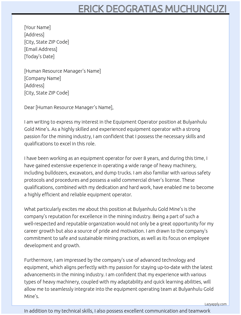 Equipment Operator  At Bulyanhulu Gold Mine’s  Cover Letter